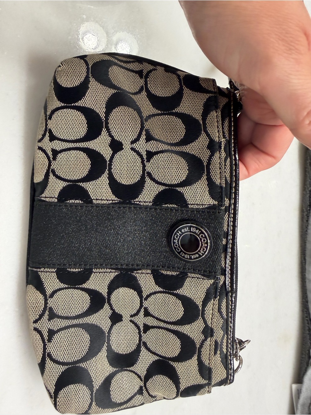 Coach Signature Canvas Wristlet in Black and Tan